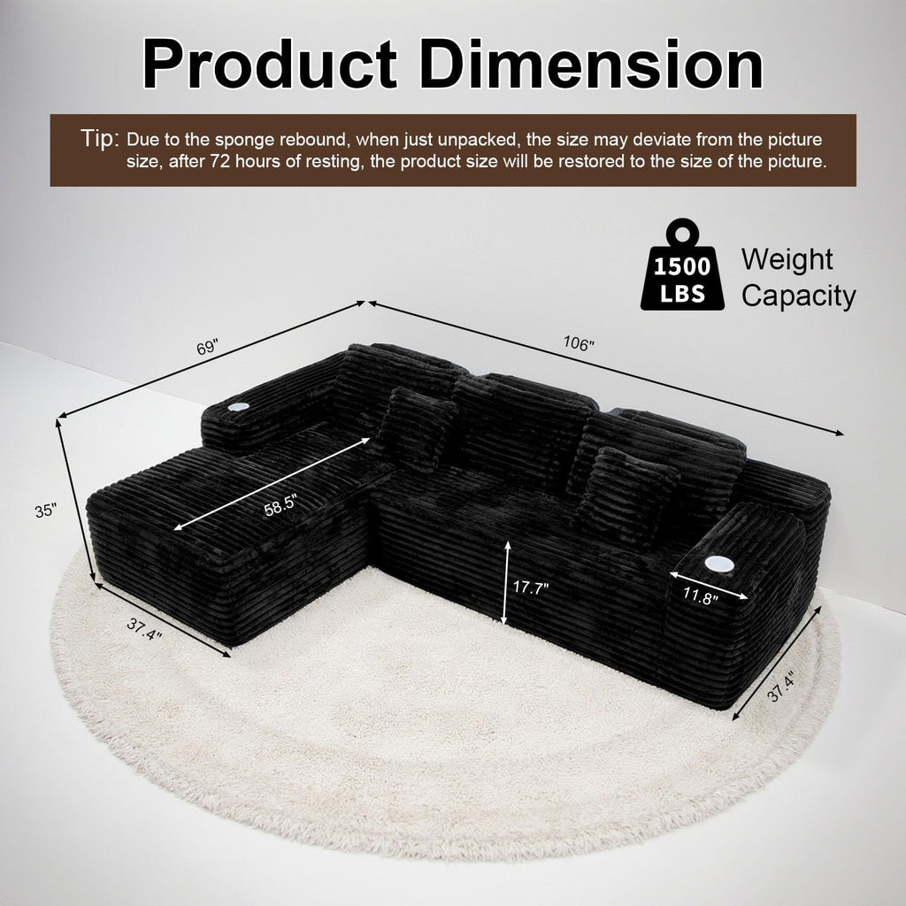 Cloud Sofa Sectional Couch with L-Shape Chaise, Modern Corduroy Boneless Modular Sofa with Cup Holder for Living Room and Apartment, Deep Seat Floor Couch No Assembly (Black, Left Facing Chaise)