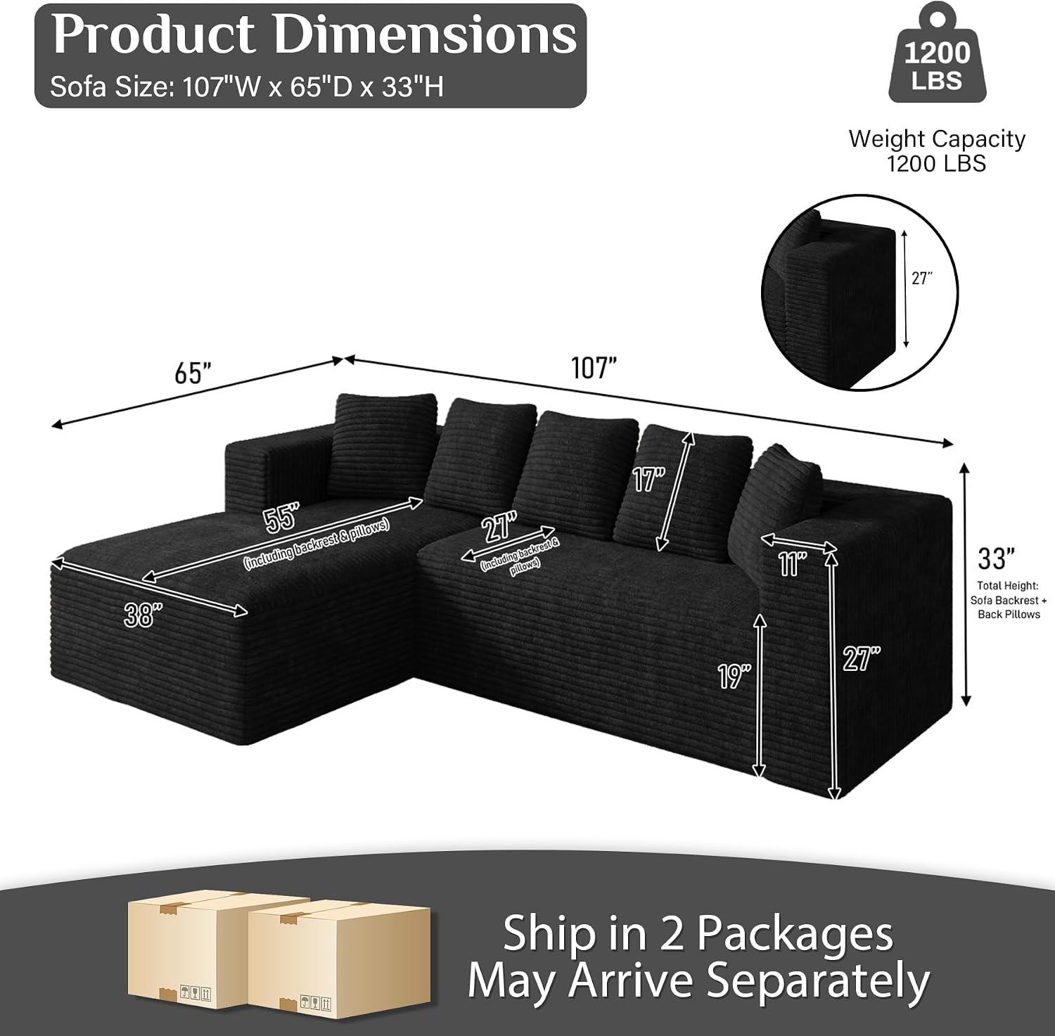 Oversized L Shaped Boneless Sectional Couches for Living Room, 107' Comfy Fluffy Cloud Modular Sectional Sofa, Plush Corduroy Memory Foam Floor Sofa with Left Facing Chaise Couch