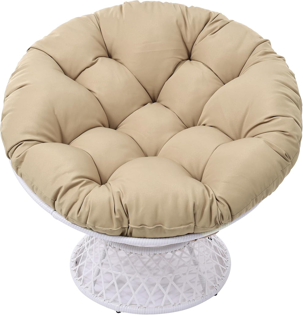GLORY PATIO 360° Swivel Papasan Chair - 350lbs Capacity Indoor/Outdoor Wicker Lounge Chair with Thick Cushion, Modern Accent Chair for Living Room, Bedroom, Patio (White Frame & Khaki Cushion)