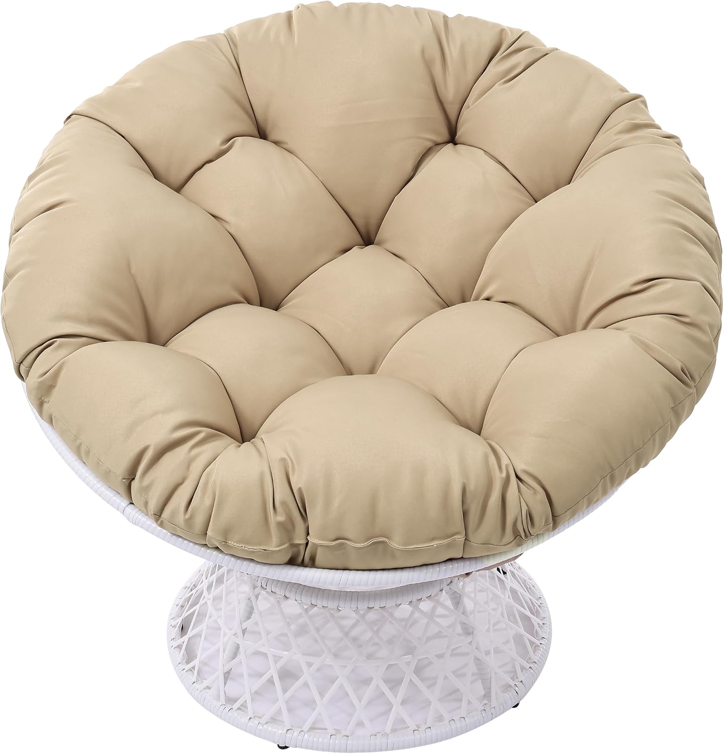 GLORY PATIO 360° Swivel Papasan Chair - 350lbs Capacity Indoor/Outdoor Wicker Lounge Chair with Thick Cushion, Modern Accent Chair for Living Room, Bedroom, Patio (White Frame & Khaki Cushion)
