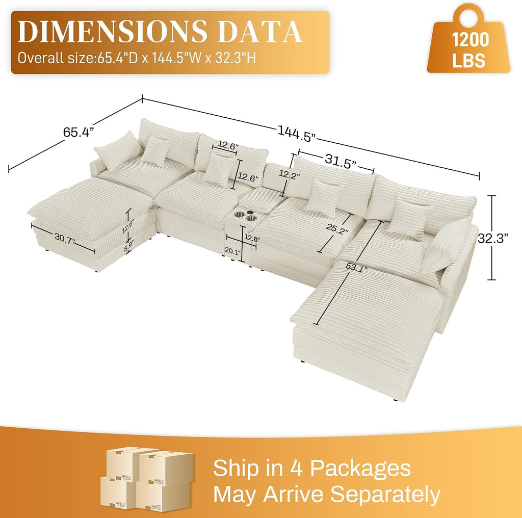 145'' U-Shaped Cloud Sofa, Beige Modular Sofa Suitable for Living Rooms Extra Large Comfortable and Fluffy Corduroy Sofa and Features USB Ports and Storage Ideal for Pet-Owning Families with Children
