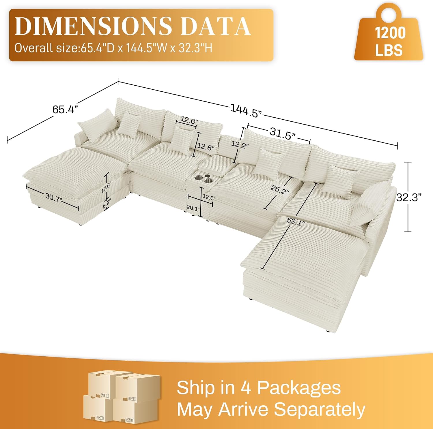 145'' U-Shaped Cloud Sofa, Beige Modular Sofa Suitable for Living Rooms Extra Large Comfortable and Fluffy Corduroy Sofa and Features USB Ports and Storage Ideal for Pet-Owning Families with Children