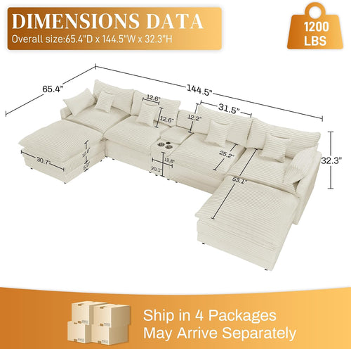 145'' U-Shaped Cloud Sofa, Beige Modular Sofa Suitable for Living Rooms Extra Large Comfortable and Fluffy Corduroy Sofa and Features USB Ports and Storage Ideal for Pet-Owning Families with Children