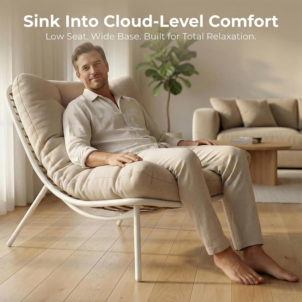 SWITTE Wicker Chaise Lounge Chair, Outdoor Comfy Papasan Recliner with Thick Cushion, Low Seat Patio Rattan Chair for Balcony, Backyard, Poolside - Cream