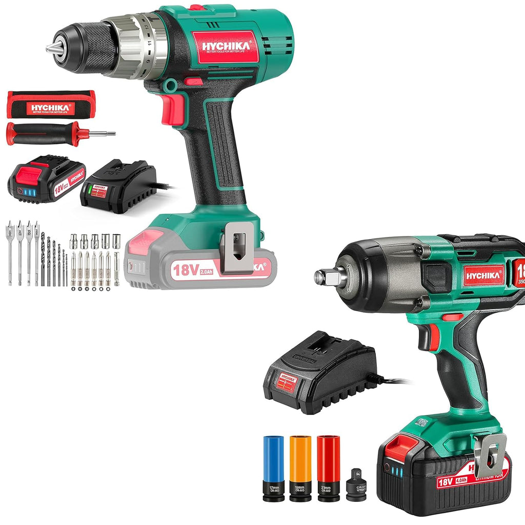 HYCHIKA Power Tool Combo Kit, 18 V Max Cordless Impact Wrench with 1/2 Impact Drivers,18V Cordless Hammer Drill Driver,2-Tool Power Tool Set