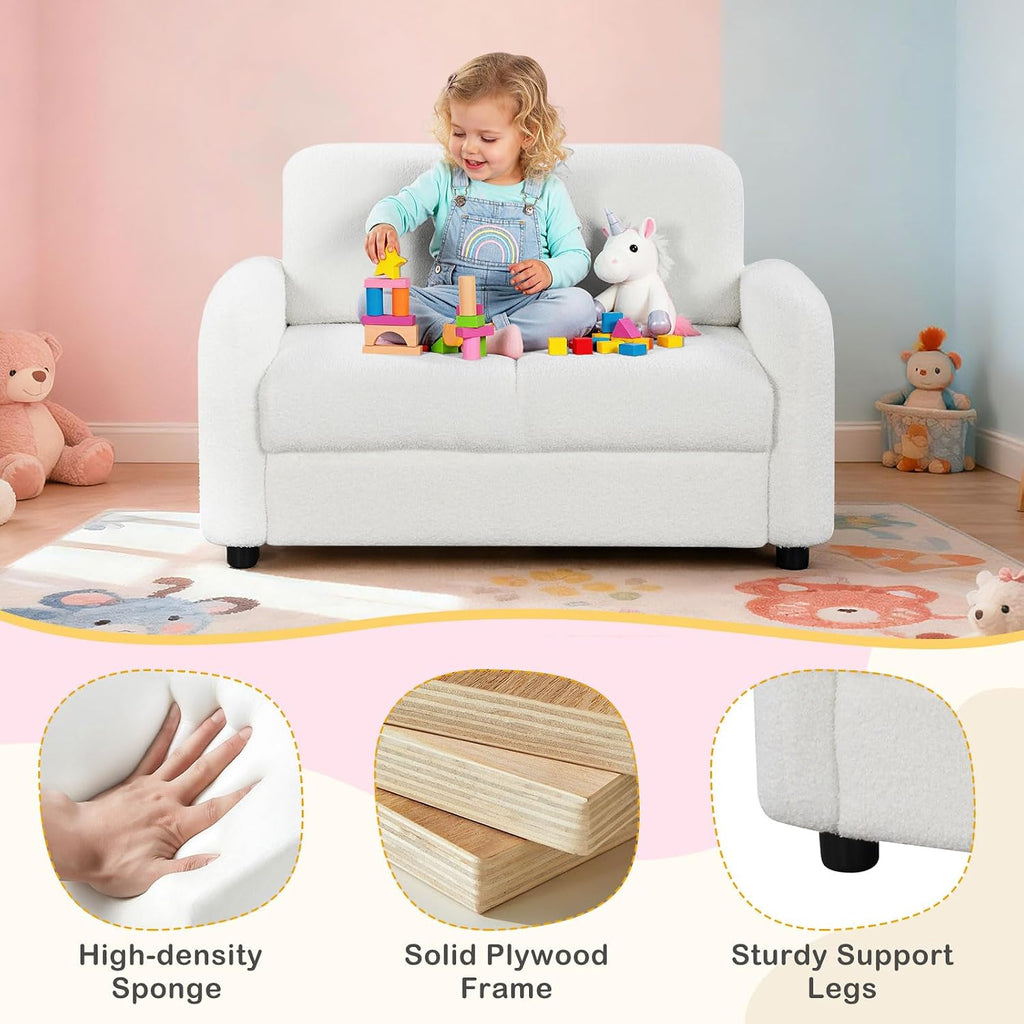Costzon Kids Couch, 2 Seat Toddler Armrest Chair w/Teddy Fleece Upholstery & Solid Wooden Frame, Double Seat Children's Sofa for Preschool, Bedroom, Playroom, Daycare, Ideal Gift for Girls Boys