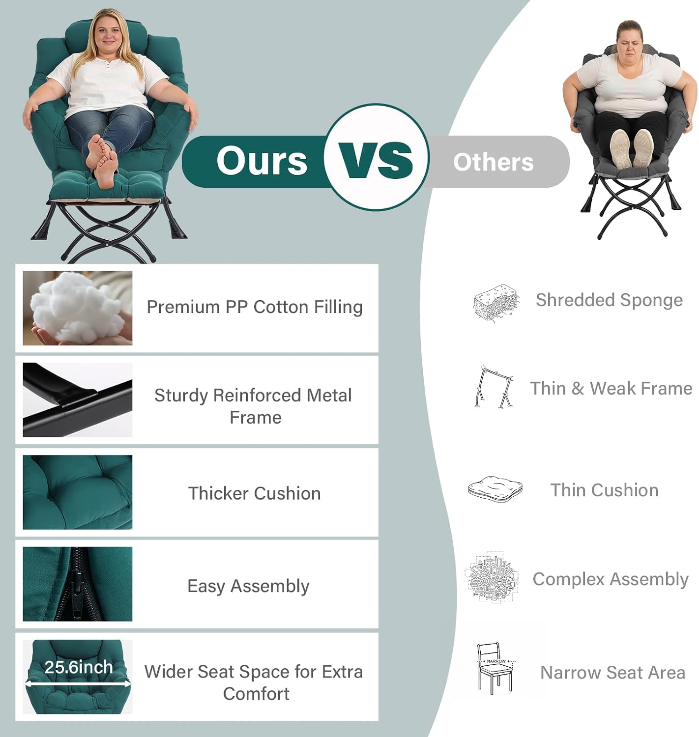MBOOYOME Lazy Chair with Folding Ottoman, Modern Accent Armchair with Armrests and a Side Pocket & Foldable Footstool, Reading Chair for Living Room, Bedroom, Dorm & Office, Dark Green