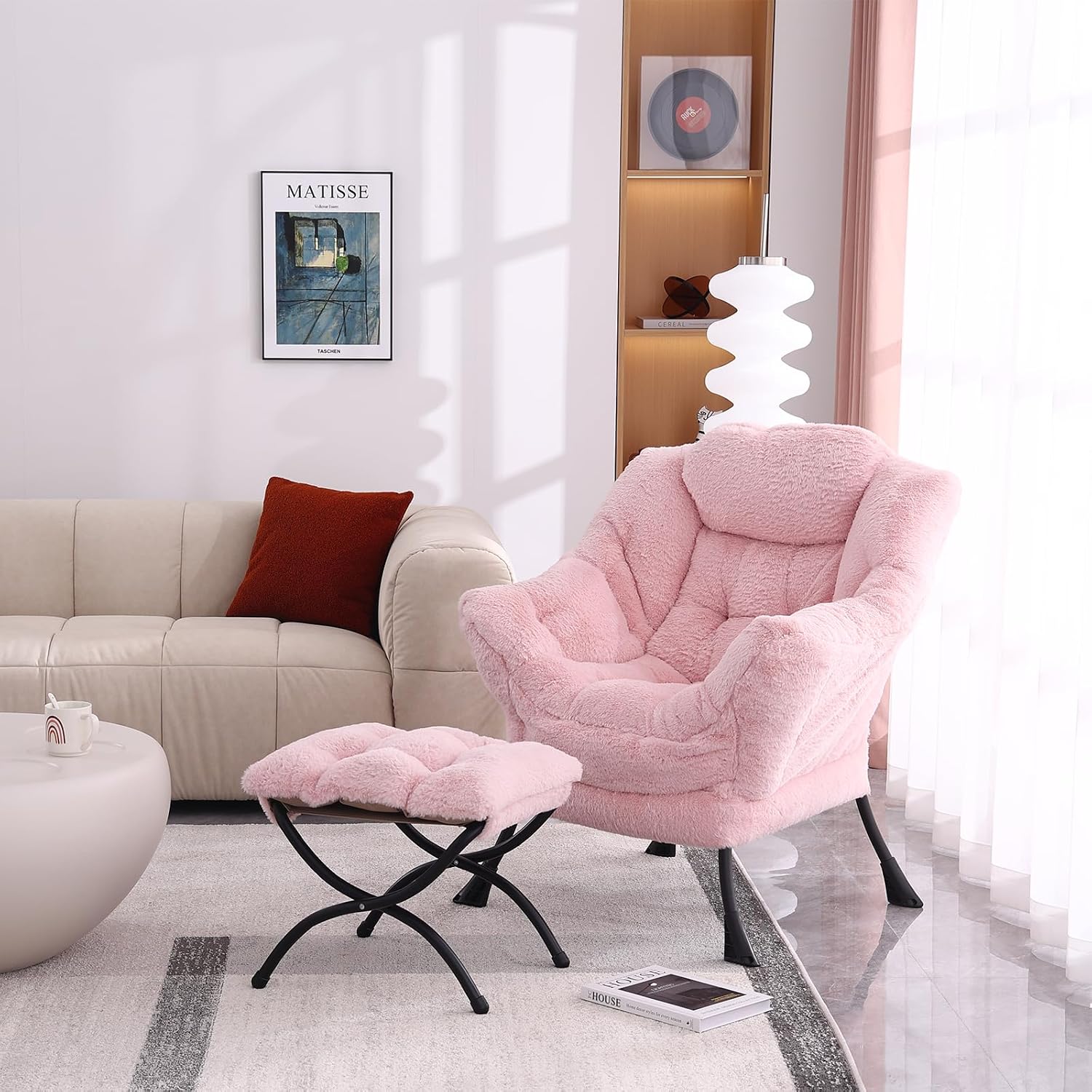 MBOOYOME Lazy Chair with Folding Ottoman, Modern Accent Lounge Armchair with Armrests and a Side Pocket & Foldable Footstool, Leisure Reading Chair for Living Room, Bedroom, Dorm & Office, Plush Pink