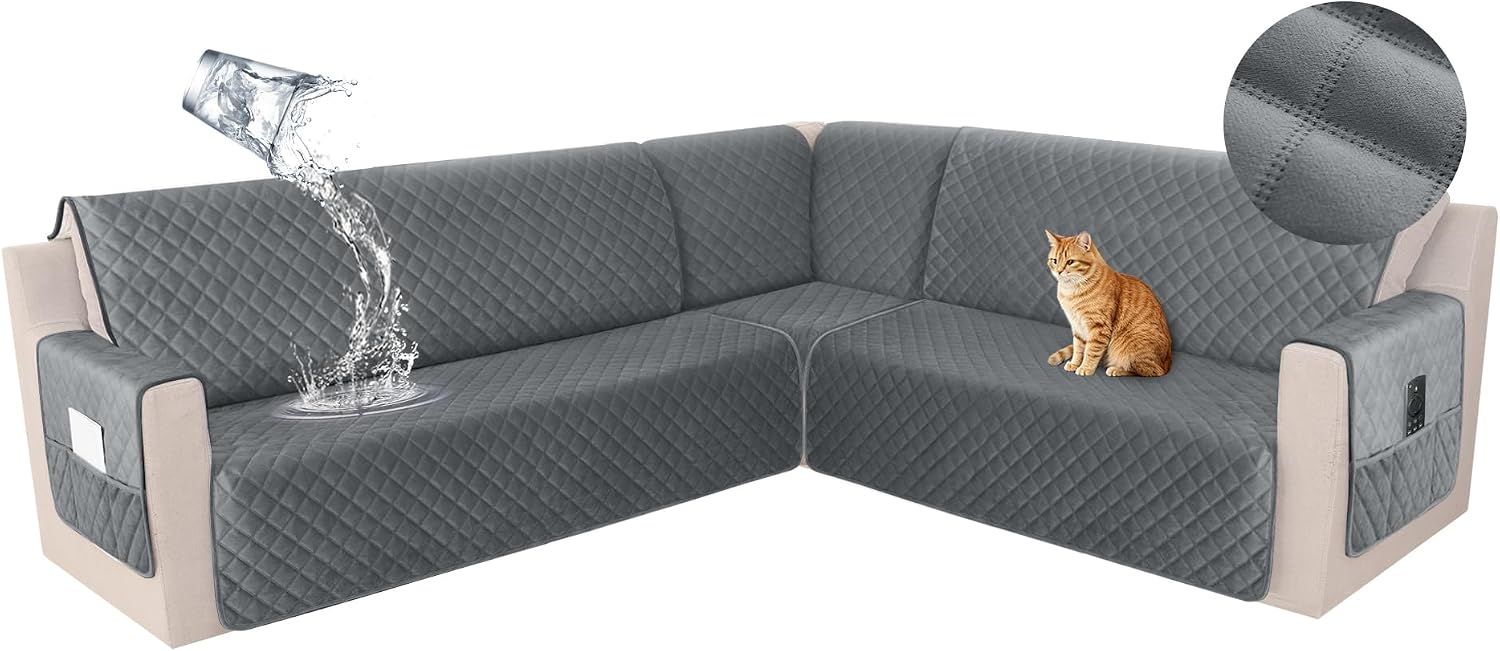HDCAXKJ Waterproof Corner Sectional Couch Cover Velvet L Shape Sofa Covers for Pets Dogs Soft Heavy Duty U Shaped Sofa Slipcovers Sets for Sectional Non Slip Furniture Protector (Dark Gray, X-Large)