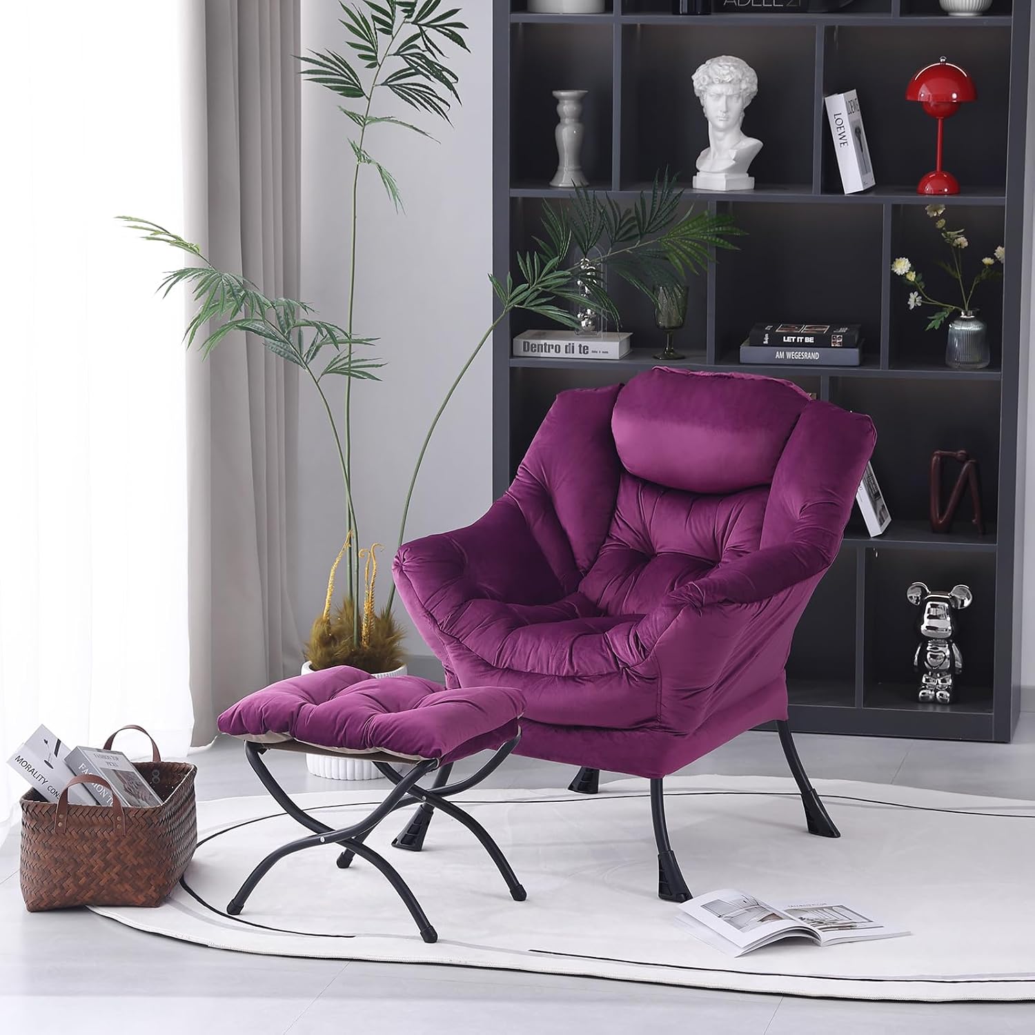 MBOOYOME Lazy Chair with Folding Ottoman, Modern Accent Armchair with Armrests, Side Pocket & Foldable Footstool, Reading Chair for Living Room, Bedroom, Dorm & Office, Velvet Purple
