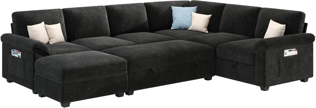 Jocisland 105' Sofa Bed, Sectional Sleeper Sofa with Pull Out Bed/Reclining Backrest, Sleeper Couch Bed with Storage, 6 Seater Couch Bed for Living Room, Chenille Black