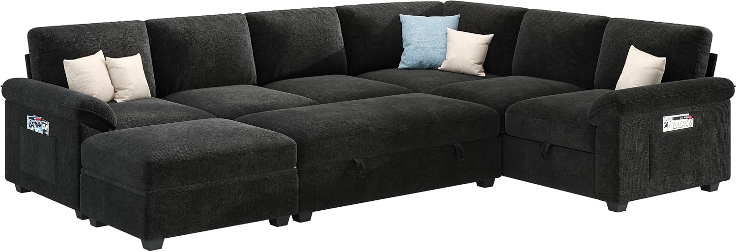 Jocisland 105' Sofa Bed, Sectional Sleeper Sofa with Pull Out Bed/Reclining Backrest, Sleeper Couch Bed with Storage, 6 Seater Couch Bed for Living Room, Chenille Black
