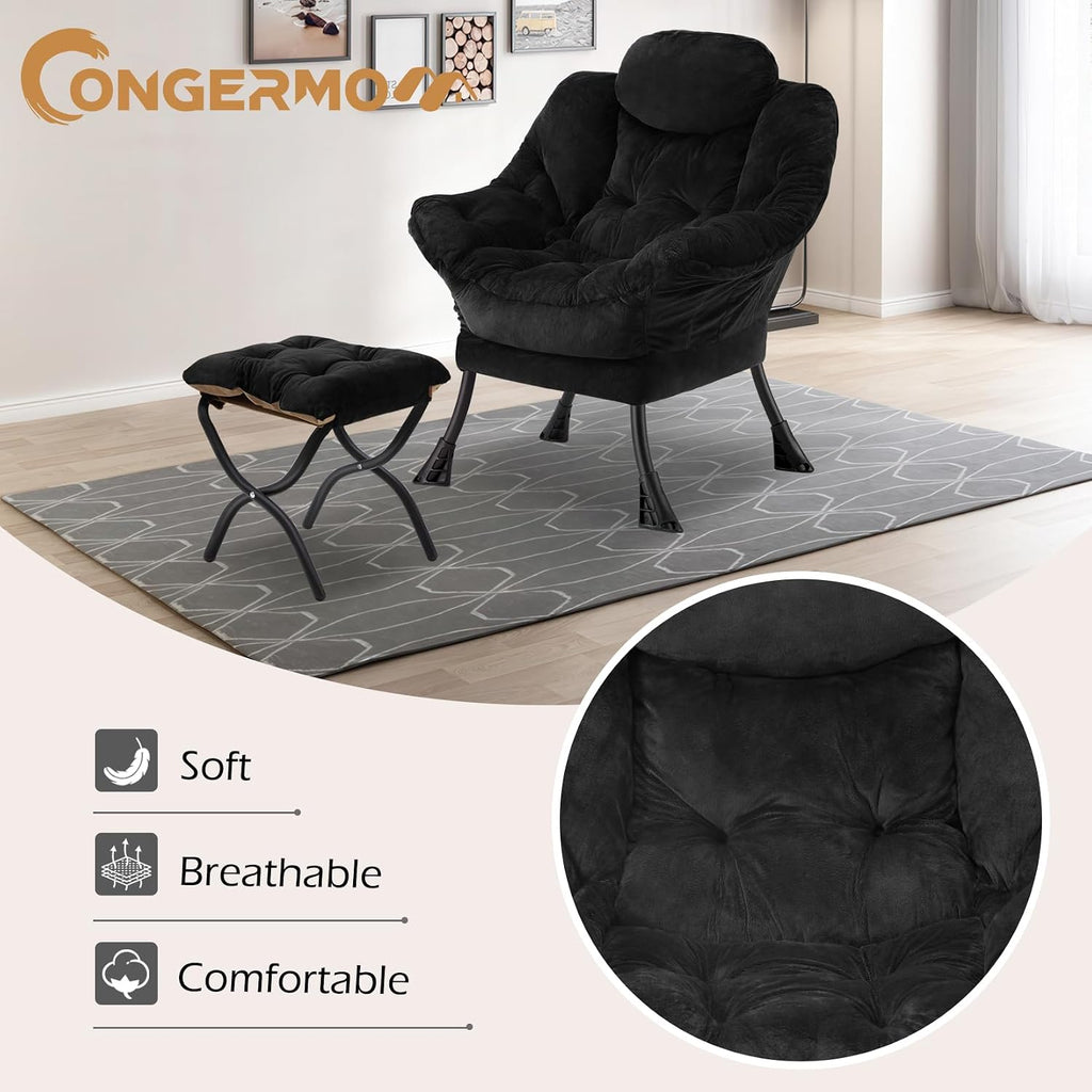 Lazy Chair with Folding Ottoman,Leisure Sofa Chair,Soft Fabric Armchair with Armrests and Side Pockets, Reading Chair with Footrest for Living Room, Bedroom, Office (Plush Black)