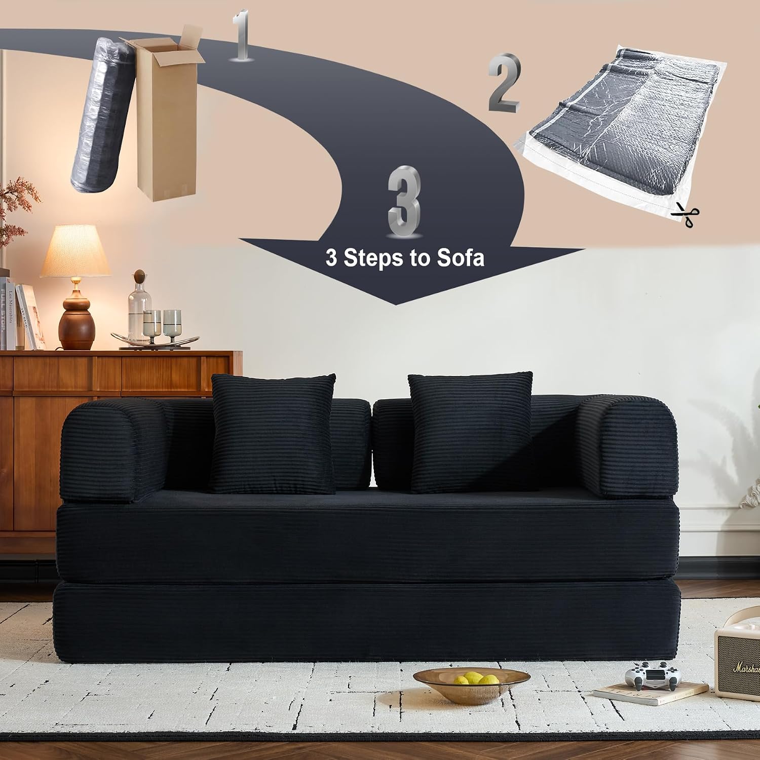 ZEIINPA Convertible Sleeper Sofa Bed with Fixed-Shape Frame, Corduroy Folding Boneless Couch with Cylindrical Pillow, Comfy Floor Sofa Couch for Living Room, No Assembly Required, Black