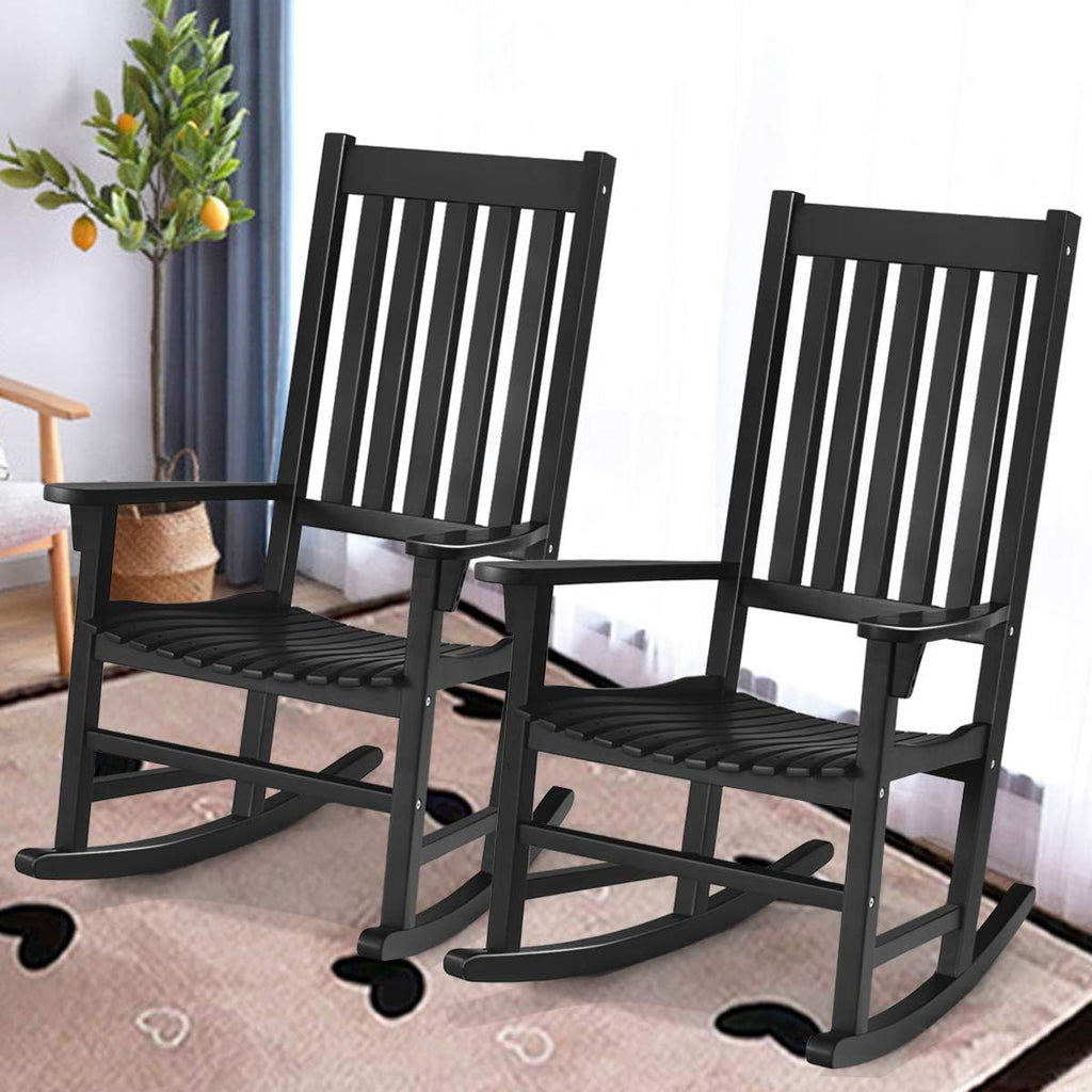 Giantex Rocking Chair Acacia Wood Frame Outdoor& Indoor for Garden, Lawn, Balcony, Backyard and Patio Porch Rocker (2, Black)