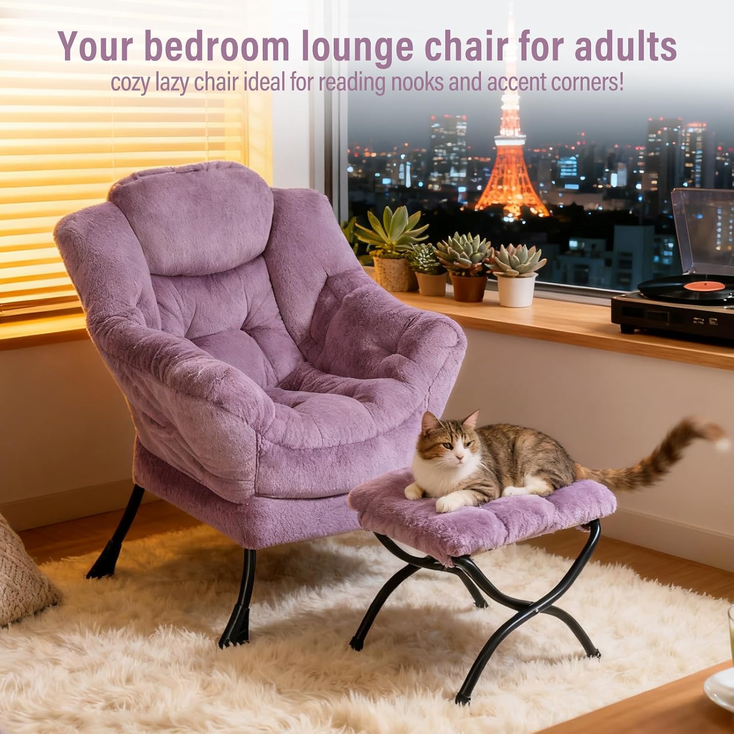 Furlide Lazy Chair with Ottoman, Modern Accent Chair with Armrests and a Side Pocket, Plush Purple Accent Chairs, Reading Chairs, Oversized Armchairs for Bedroom, Study, Living Room, Courtyard