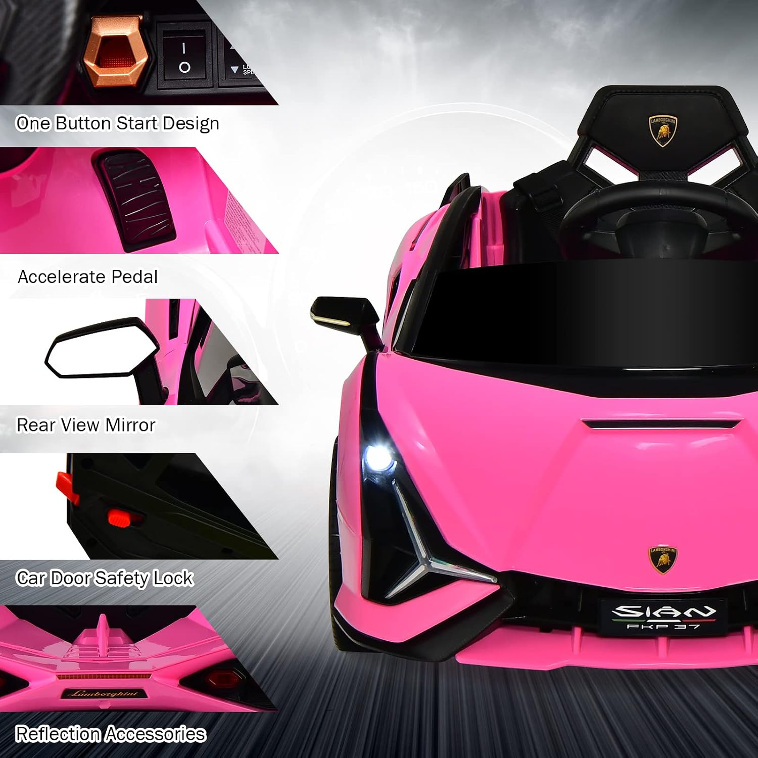 INFANS 12V Licensed Lamborghini Sian Kids Ride On Car with Parent Remote Control, Spring Suspension, MP3 Player, Electric Toy Roadster Carbon Fiber Textured for Toddler (Pink)