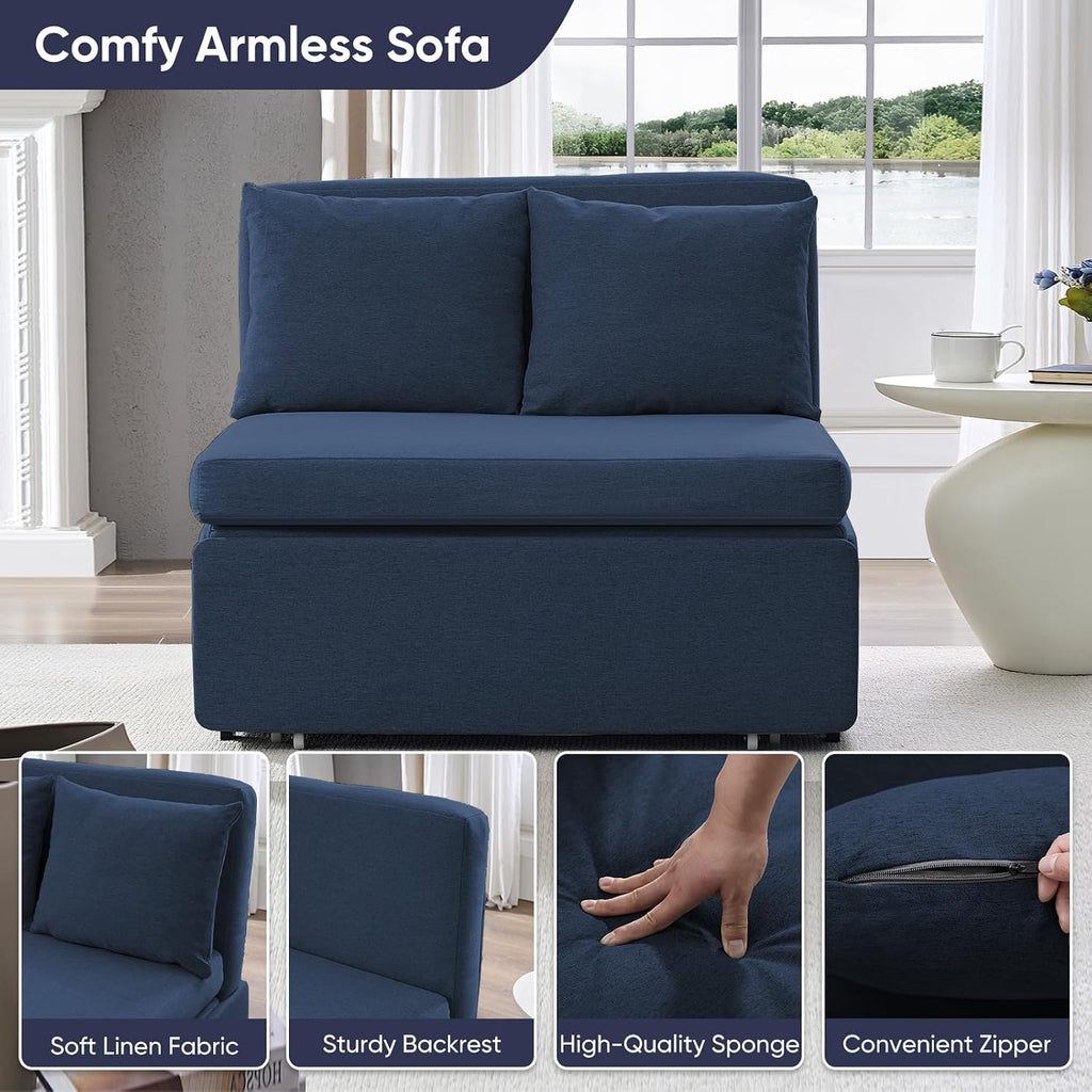 CECER 43.3' Convertible Sofa Bed，Twin Size Pull Out Sofa Bed with 2 Pillows，3 in 1 Linen Sleeper Sofa with Mattress for Small Space-Dark Blue
