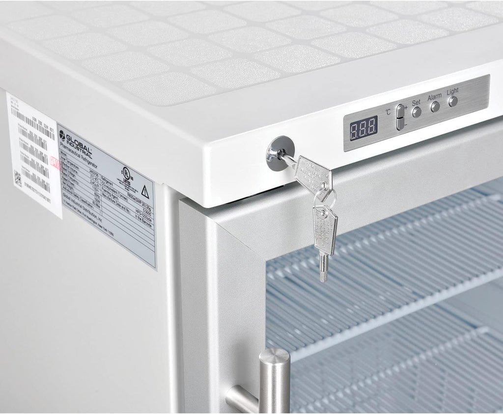 Global Industrial Undercounter Laboratory Refrigerator, Glass Door with Key Lock, 2.4 Cu.Ft. Capacity, 2°C to 8°C Temperature Range, 115V, Medical and Lab Refrigerator