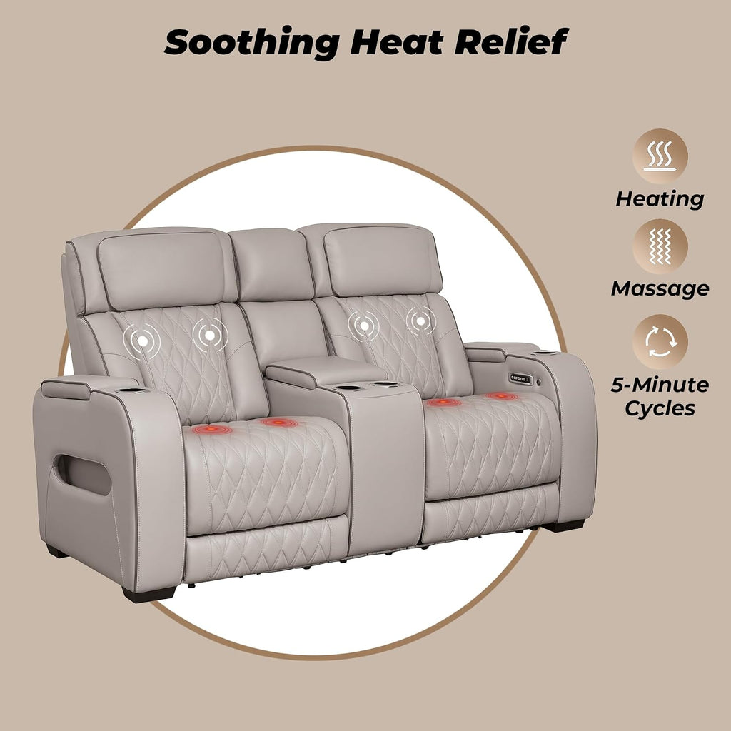 Signature Design by Ashley Boyington Contemporary Leather Match Power Reclining Loveseat with Console and USB Charging Ports, LED Lights and Adjustable Headrest, Light Gray