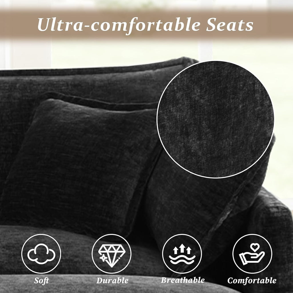 SoarFlash Chenille Sectional Sofa, Comfy Modular Coush Sofa with Ottoman, Modern 3 Seat Recliner Deep Seat Sofa Set for Living Room,Black