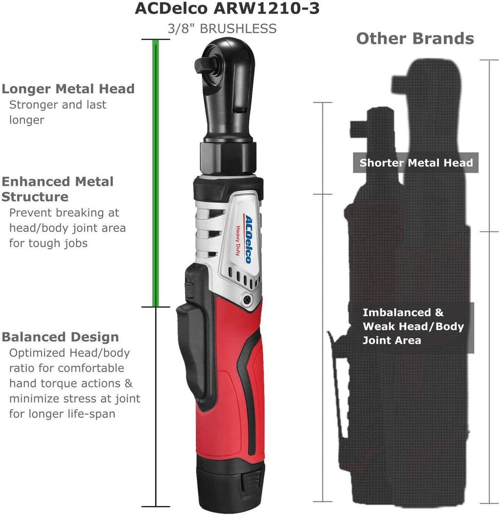ACDelco G12 Series 3-Tool Cordless Combo 3/8' Brushless Ratchet Wrench + 2-Speed Drill/Driver+ Impact Driver, 2-battery, ARW12103-K11