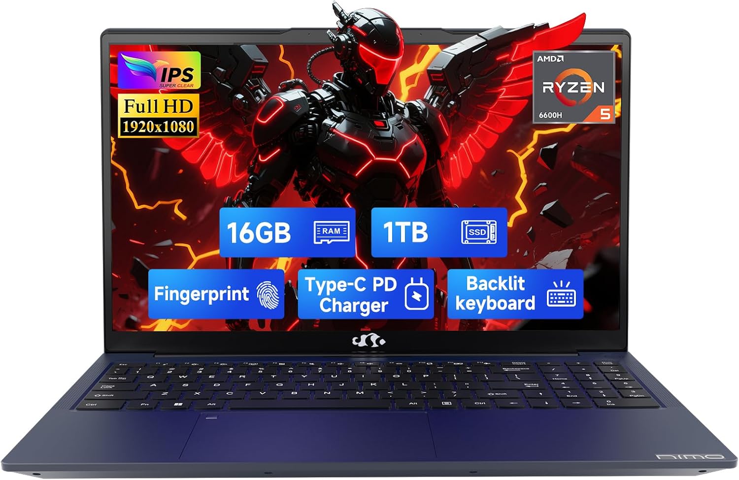 NIMO 15.6' IPS FHD-Gaming-Laptop, 6 Cores AMD Ryzen 5 6600H 16GB DDR5 RAM 1TB SSD (Beat i7-1165G7 up to 4.5GHz) 660M 6nm GPU-Computer with 100W Type-C Backlit Keyboard, Fingerprint