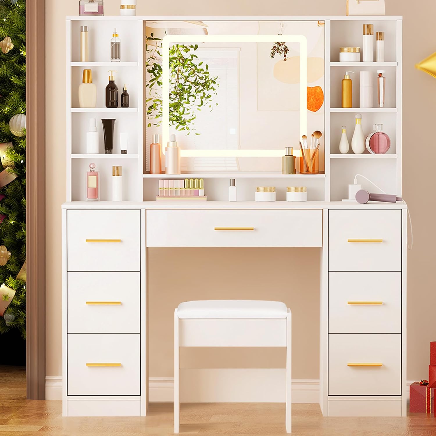 ANWBROAD Vanity Desk Table with Lighted Mirror 39.4' Girls Makeup Vanity with Power Outlet 3 Colors Lighting Adjustable Brightness Vanity Table for Women Bedroom Dressing Room White UBDT65W