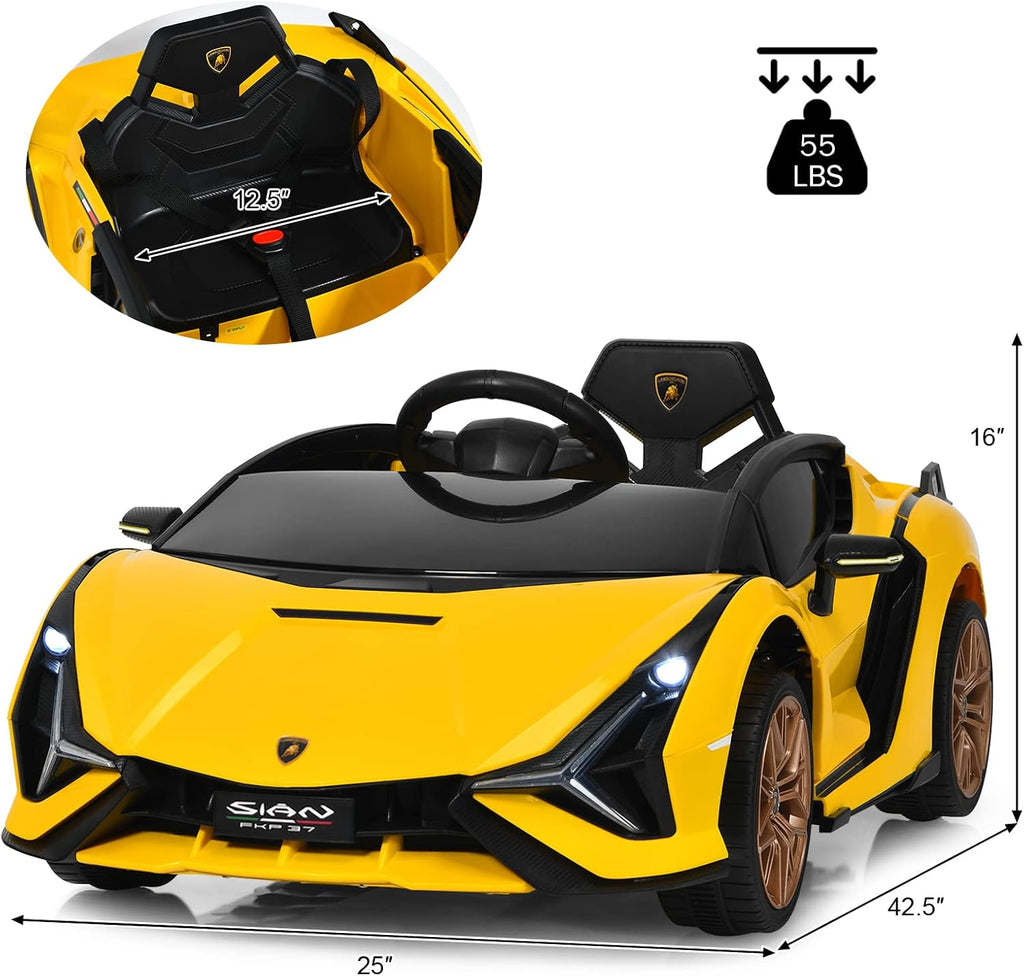 INFANS 12V Licensed Lamborghini Sian Kids Ride On Car with Parent Remote Control, Spring Suspension, MP3 Player, Electric Toy Roadster Carbon Fiber Textured for Toddler (Yellow)