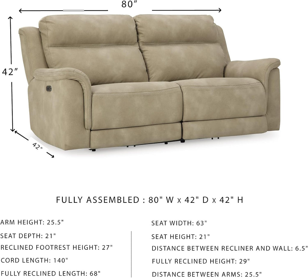Signature Design by Ashley Next-Gen DuraPella Power Reclining Sofa with Adjustable Headrest, USB, Extended Ottoman, Faux Leather, 80' W x 42' D x 42' H, Beige Sand
