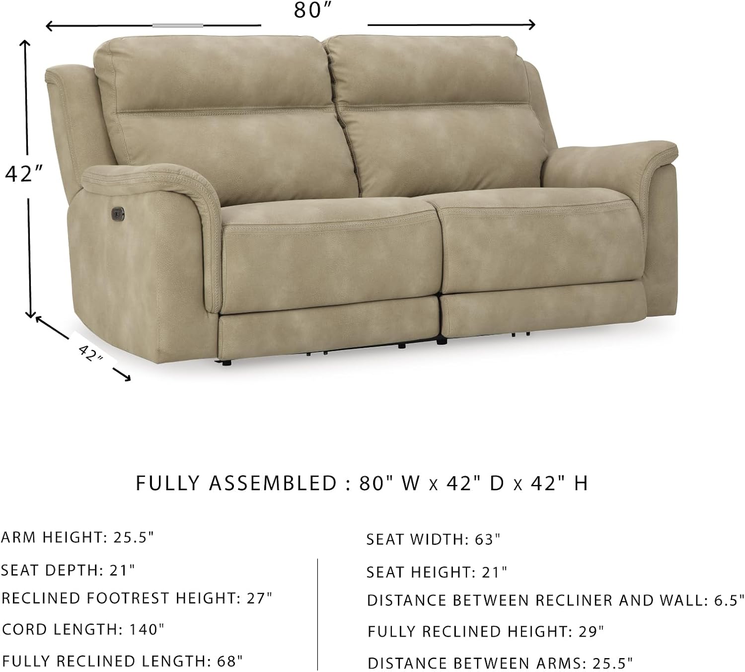 Signature Design by Ashley Next-Gen DuraPella Power Reclining Sofa with Adjustable Headrest, USB, Extended Ottoman, Faux Leather, 80' W x 42' D x 42' H, Beige Sand