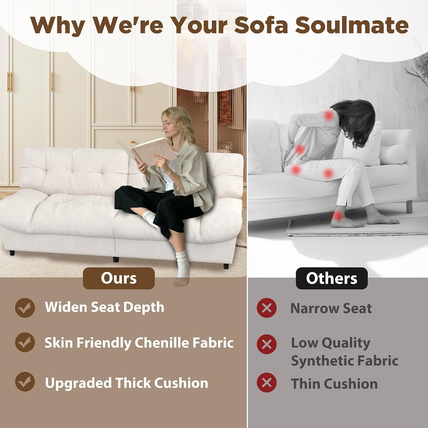 80' Cloud Couch, Chenille Cloud Sofa Overstuffed Love Seat Couches with Pillow Designed Armrest for Small Spaces, Deep Seat Two Seater Couch Loveseat Sofa, Beige White