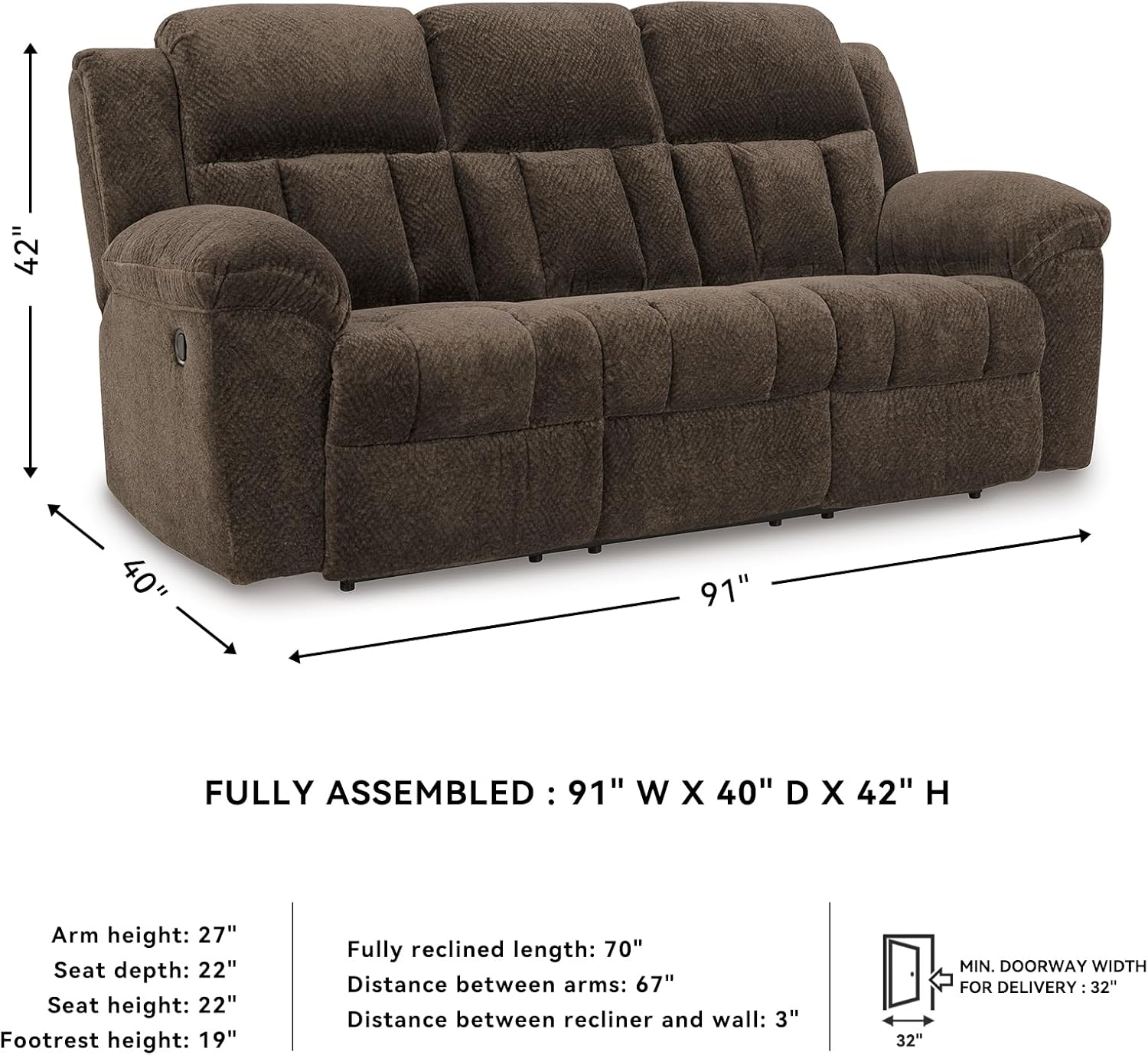 Signature Design by Ashley Frohn Modern Manual Reclining Sofa, Dark Brown