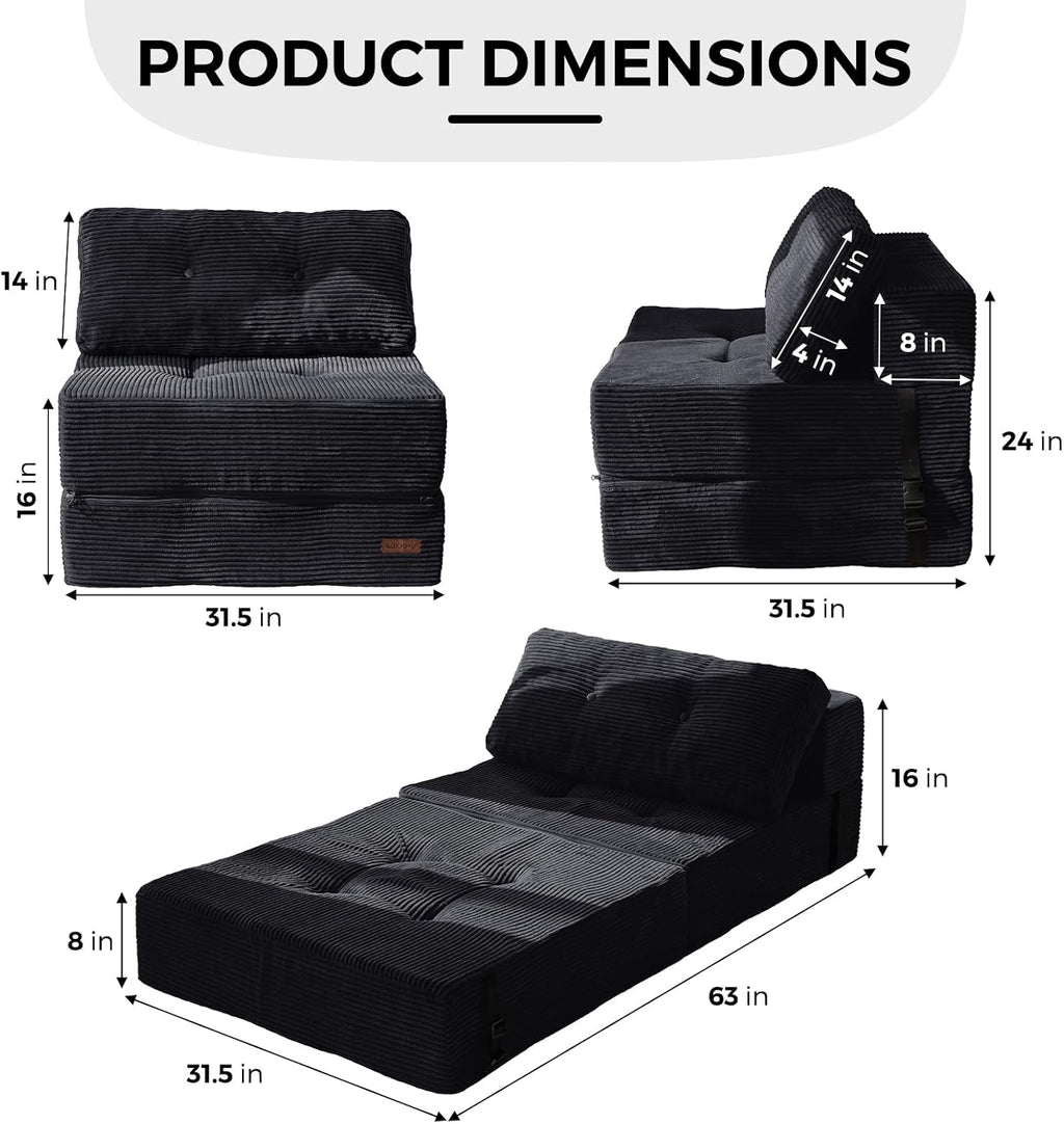 MAXYOYO Folding Sofa Bed, Convertible Sofa Bed with High-Density Support Foam, Portable 4 in 1 Fold Out Chair to Floor Lounger, Versatile Floor Couch for Living Room Bedroom, Black