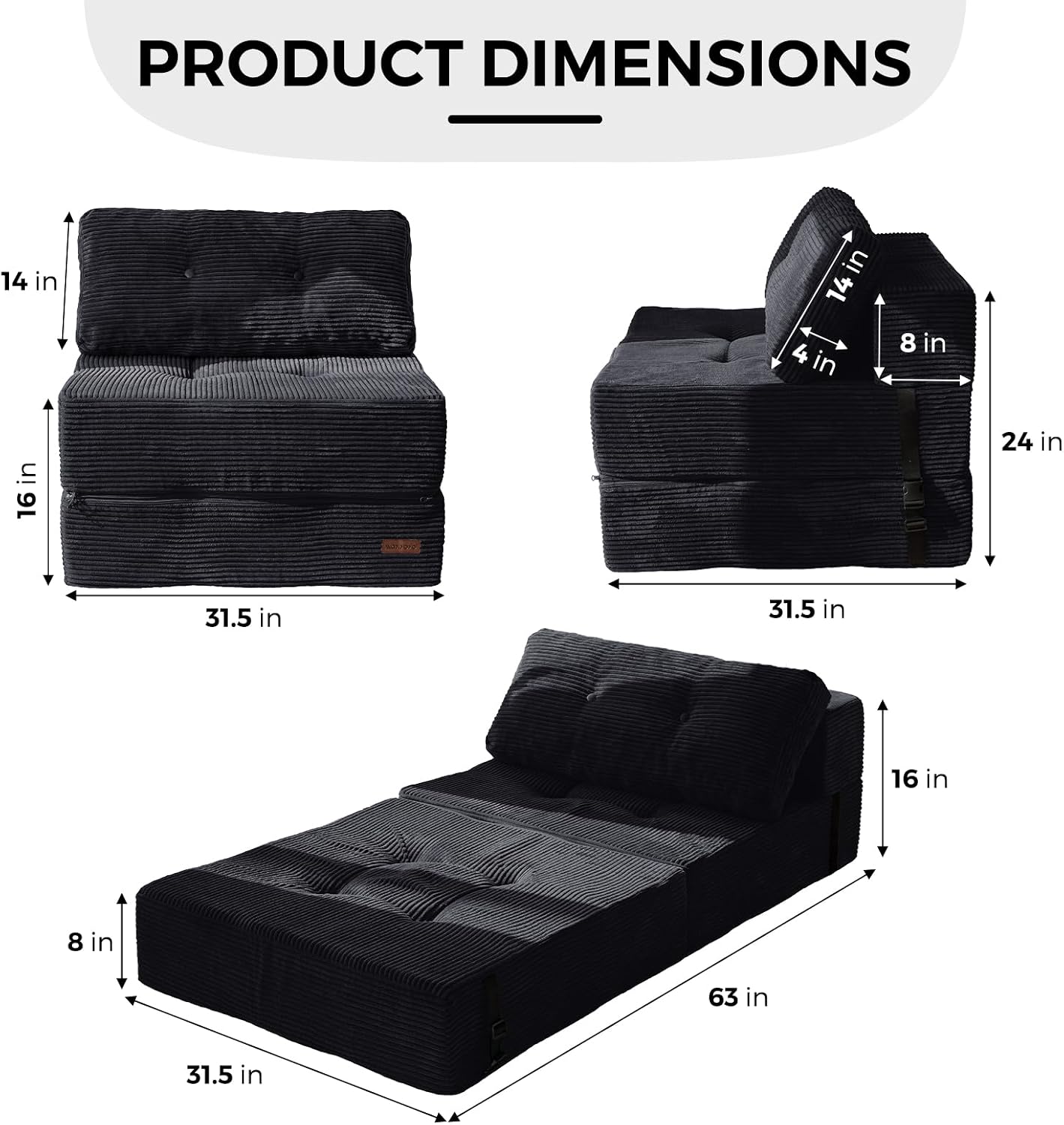 MAXYOYO Folding Sofa Bed, Convertible Sofa Bed with High-Density Support Foam, Portable 4 in 1 Fold Out Chair to Floor Lounger, Versatile Floor Couch for Living Room Bedroom, Black