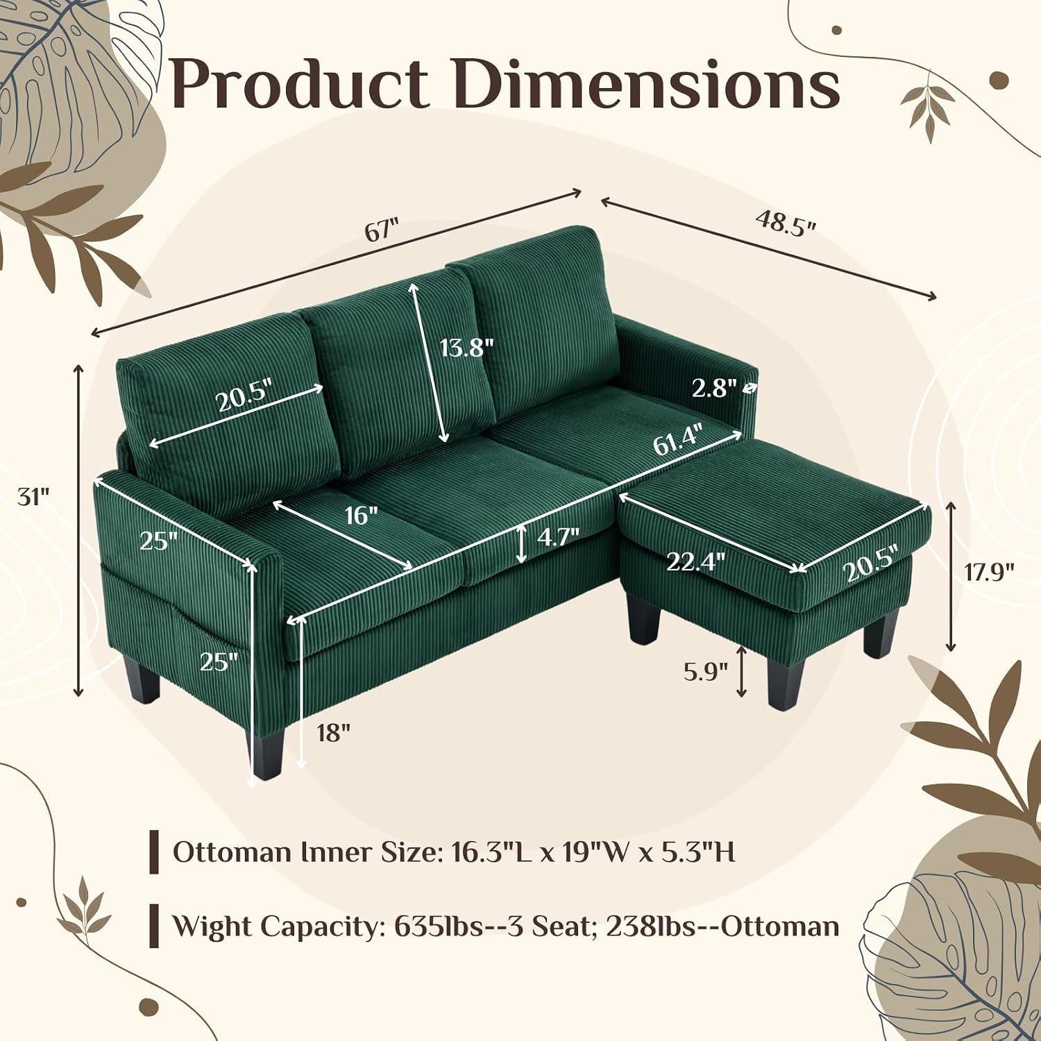 Karl home Small Sectional Couch L Shaped Sofa with Movable Storage Ottoman Corduroy Upholostered Sofa Chaise with Side Pockets for Living Room, Apartment, Studio, Green