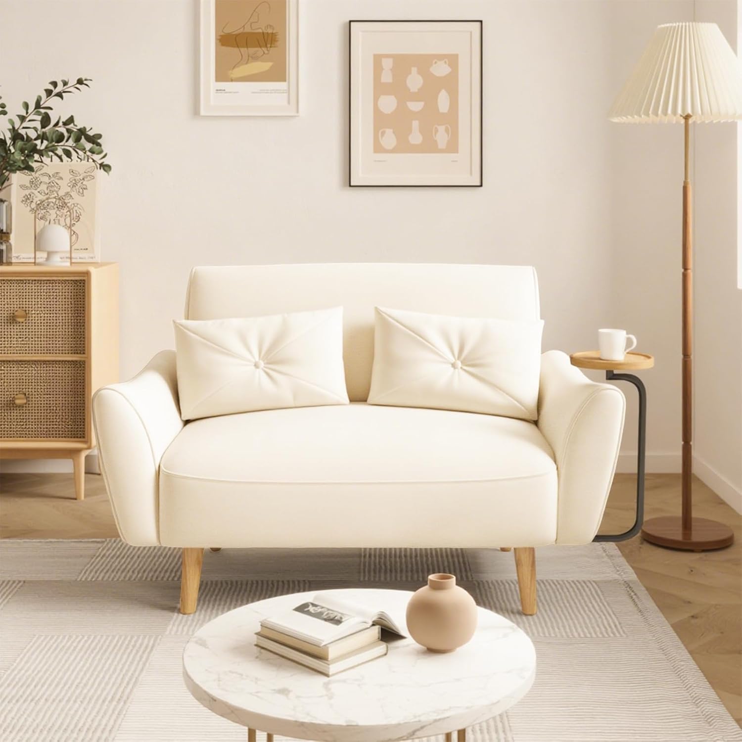 Brelice Loveseat Sofa, 47' Velvet Couch for Bedroom, Convertible Wooden Tray & Ergonomic Armrest, for Small Space, Apartment, Living Room, Home Office, Easy Assembly, Beige