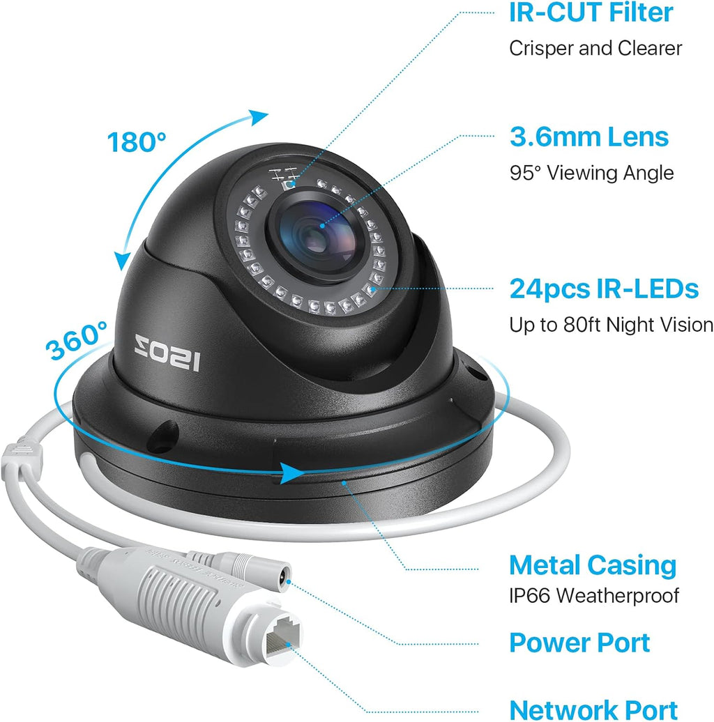 ZOSI 4 Pack 5MP 3K Add-on Security Dome POE Camera with Cable, 2880 x 1620 Indoor Outdoor IP Camera, 80ft Night Vision, 3.6mm Lens, 95°View Angle, IP66 Weatherproof (Only Work with ZOSI PoE NVR)