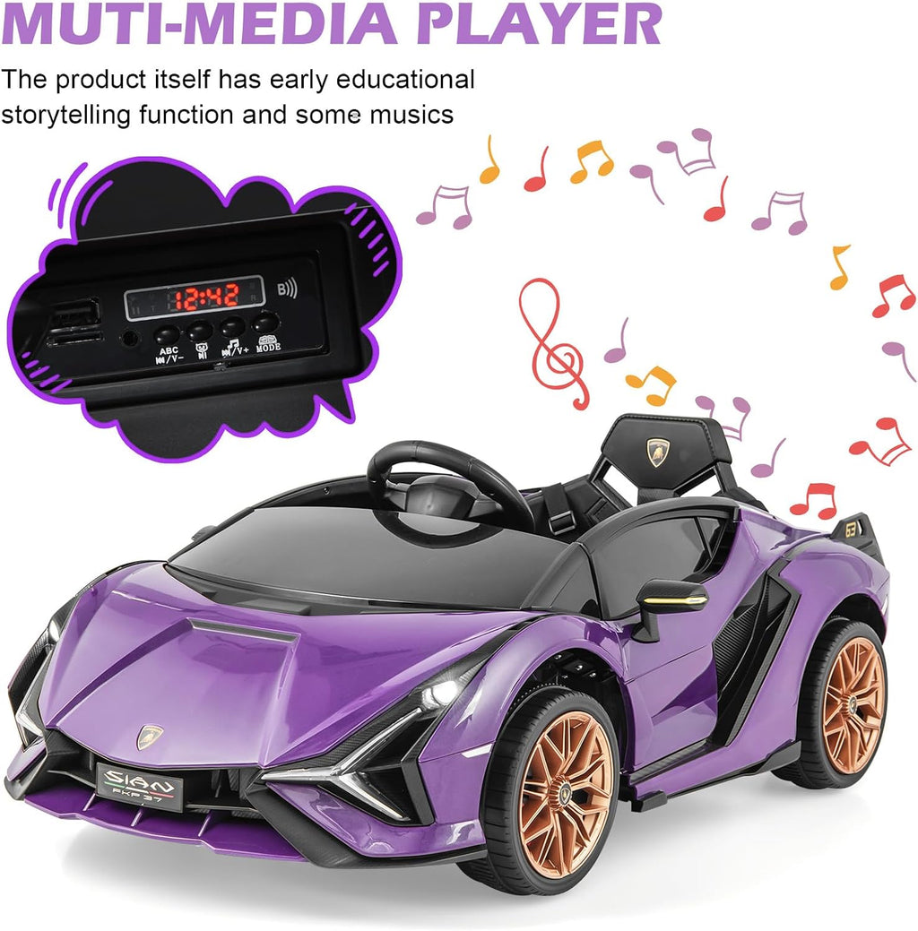 INFANS 12V Licensed Lamborghini Sian Kids Ride On Car with Parent Remote Control, Spring Suspension, MP3 Player, Electric Toy Roadster Carbon Fiber Textured for Toddler (Purple)