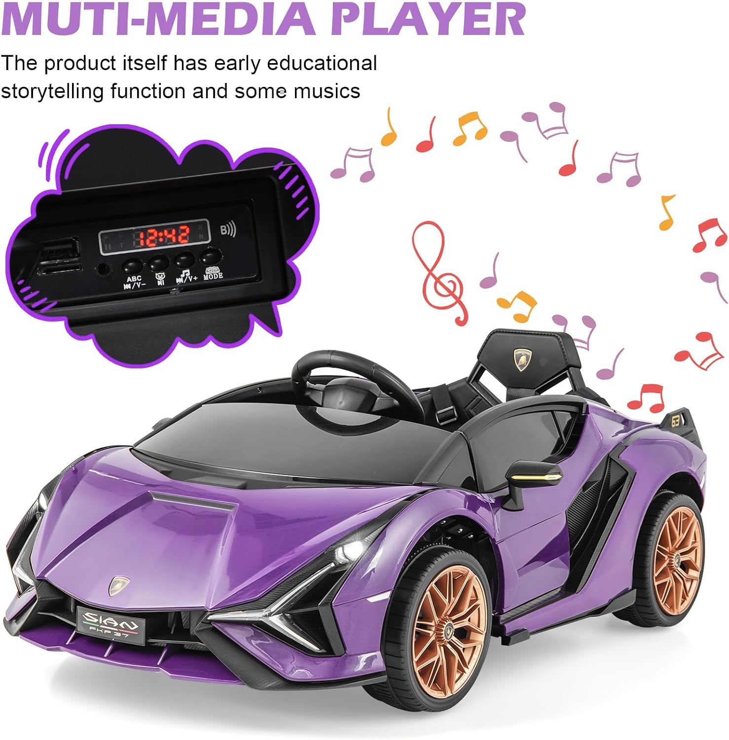 INFANS 12V Licensed Lamborghini Sian Kids Ride On Car with Parent Remote Control, Spring Suspension, MP3 Player, Electric Toy Roadster Carbon Fiber Textured for Toddler (Purple)