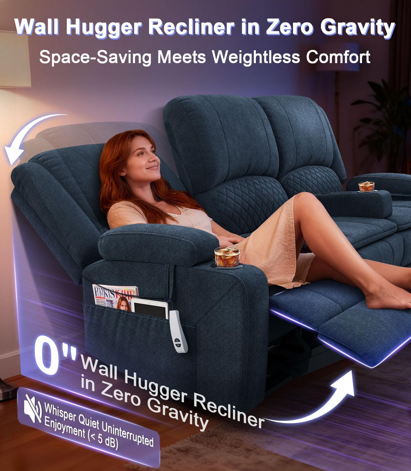 Power Loveseat Recliner Sofa, Removable Armrest 3 Seats Power Reclining Loveseat with Remote Liftable Console, Wall Hugger RV Theater Seating with Storage & USB & RGB (Fabric, Blue)