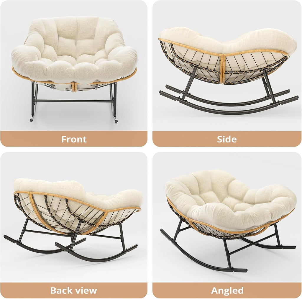 Easyego Oversized Papasan Rocking Chair Indoor Outdoor Use, Comfortable Wicker Rocker with Cozy Thicken Cushion for Deck, Balcony, Poolside, Lawn, Bedroom, Living Room, White