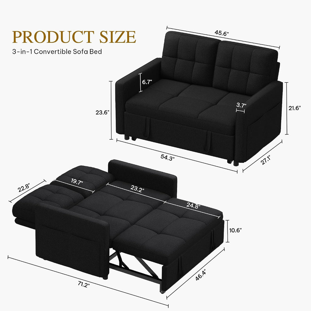 DWVO 55' Convertible Sofa Bed, 3-in-1 Sleeper Sofa with Pull-Out Bed, Linen Futon Couch with Adjustable Backrest and Side Pocket, Modern Loveseat for Living Room Apartment, Balck
