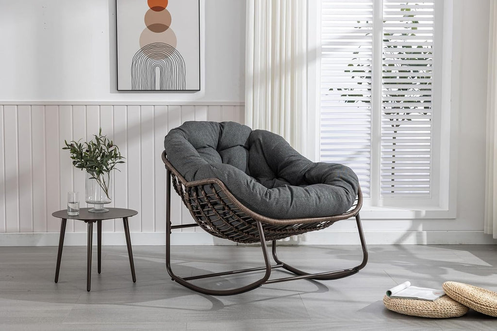 Outside Rattan Rocking Chair with Wicker Cushion, Oversized Lounge Papasan Chair, Outdoor Camping Chairs Patio Furniture for Garden, Balcony, Front Porch & Living Room, Grey1