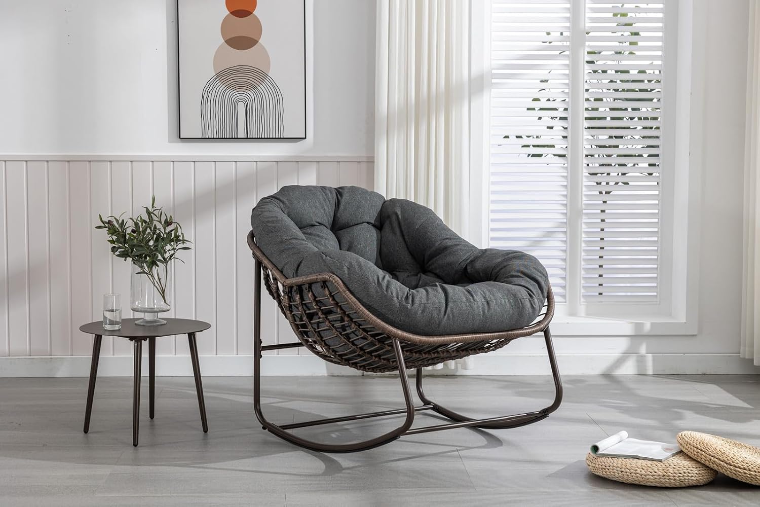 Outside Rattan Rocking Chair with Wicker Cushion, Oversized Lounge Papasan Chair, Outdoor Camping Chairs Patio Furniture for Garden, Balcony, Front Porch & Living Room, Grey1