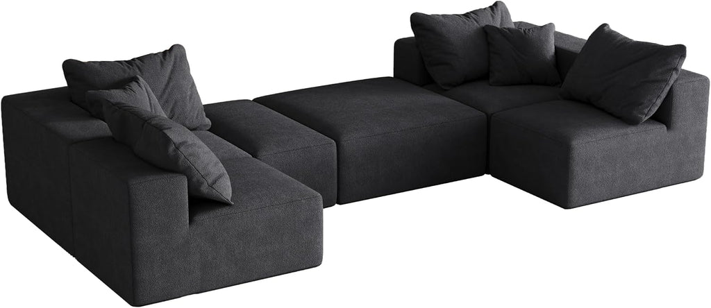 132' Modular Sectional Sleeper Sofa Couch, Modern Cloud Chenille Sectional Couch with Ottoman, Boneless U Shape Couches for Living Room, Free Combination, No Assembly Required, Black