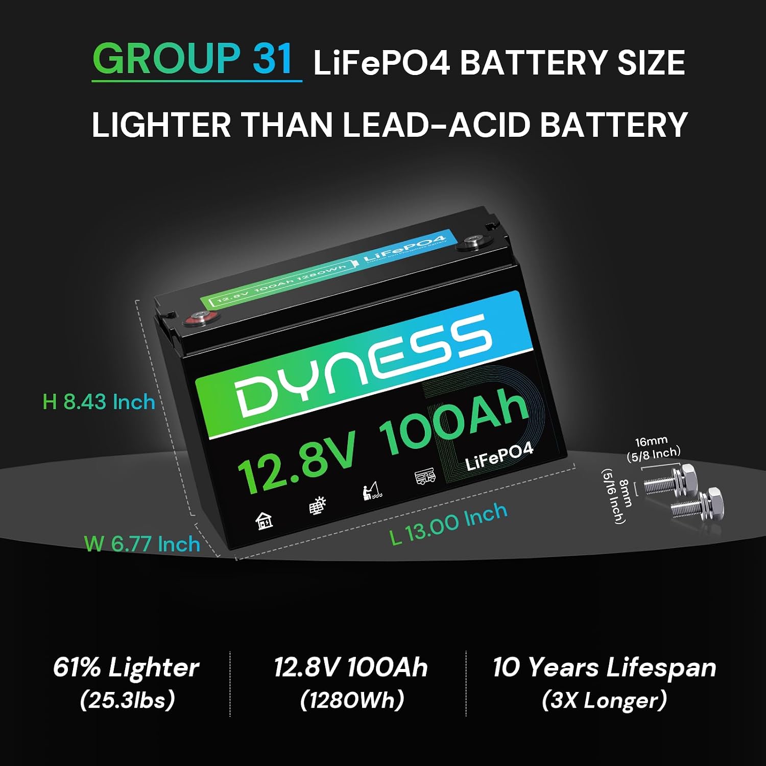 Dyness 12V 100Ah LiFePO4 Battery BCI Group 31 Lithium Battery with Low-Temp Cut Off Protection, A+ Grade Cell Built-in 100A BMS, Perfect for RV, Solar System, Off-Grid, Home Energy Storage