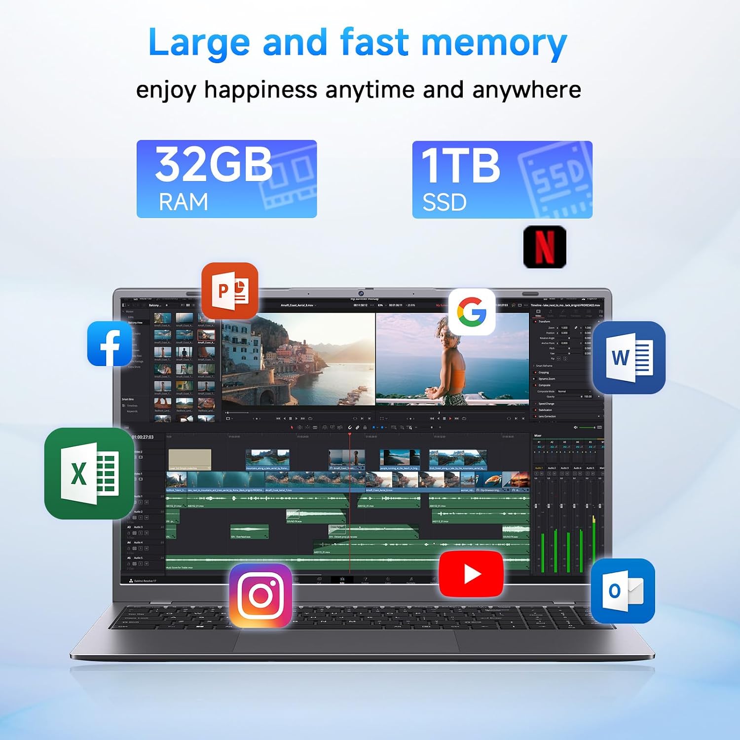 Laptop, 32GB RAM 1TB SSD Laptop Computer, 6500Y Processor (Beats N5095, Up to 3.4GHz), 15.6' FHD IPS Display Laptops pc, WiFi 5, BT 5.2, HDMI, USB-C, Long Battery Life Laptops for Student