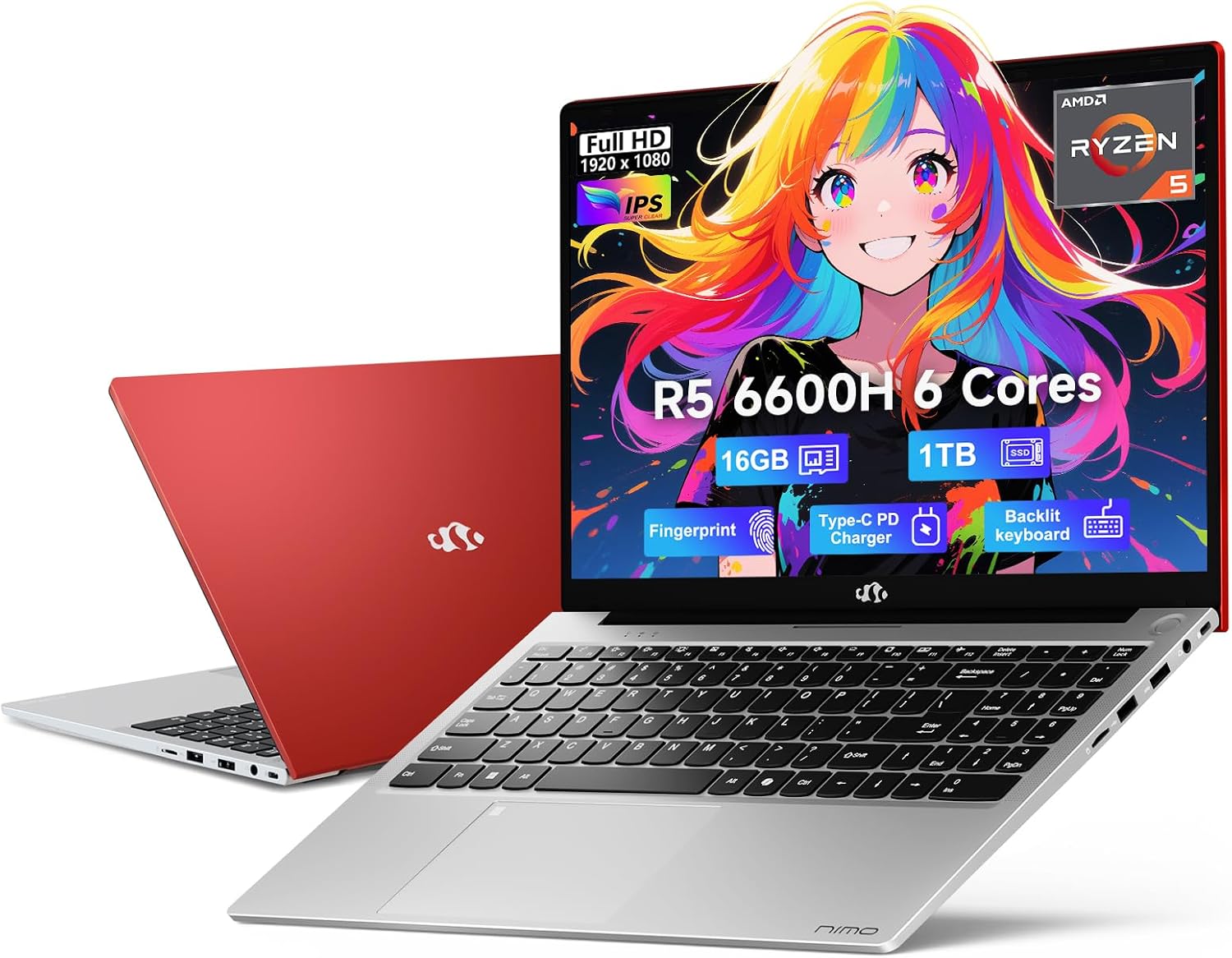 NIMO 15.6 FHD-Business-Gaming-Laptop, 6-Cores 660M GPU, AMD Ryzen 5 6600H 16GB DDR5 1TB SSD (Beat i7-1165G7, Up to 4.5GHz) IPS Laptop Computer with 100W Type C Fingerprint Backlit Keyboard