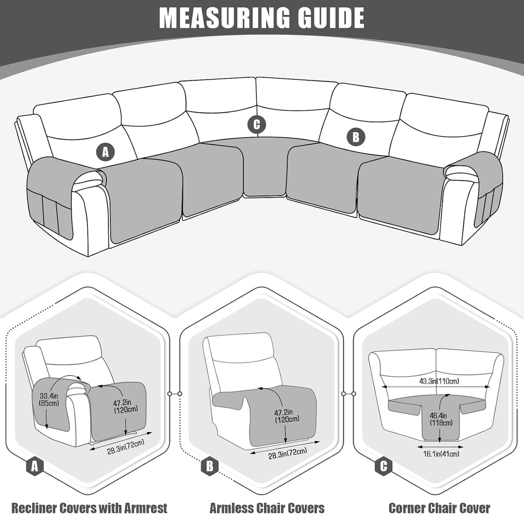 KinCam Waterproof Recliner Sectional Couch Covers, Oversized Reclining Sofa Covers for L Shape Couch, Non Slip Couch Cover for Sofa Washable Slipcover (5 Seat Recliner Cover, Charcoal Gray)